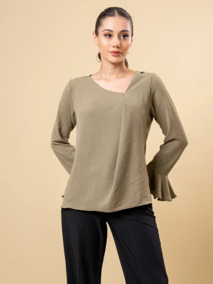 Ladies Long Sleeve & Neck Detail Top