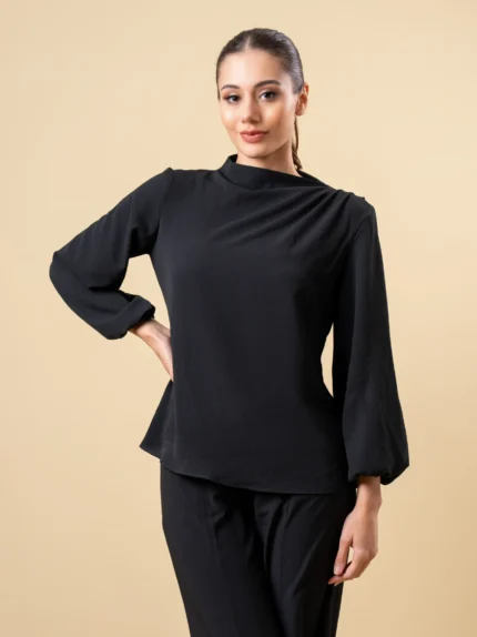 Ladies Long Puff Sleeve & Neck Detail Top