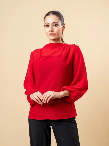 Ladies Long Puff Sleeve & Neck Detail Top