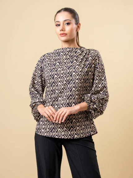 Ladies Long Puff Sleeve & Neck Detail Top