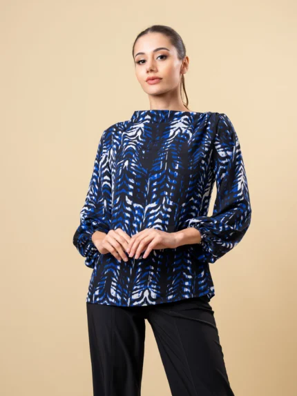 Ladies Long Puff Sleeve & Neck Detail Top